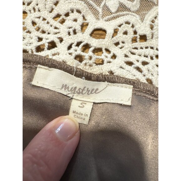 MYSTREE Faux Fur Lace Vest Shrug Brown Cream Boho Hippie Festival Size Small - Picture 5 of 6